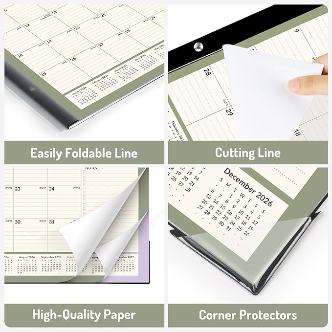 Forvencer Desk Calendar 2026-2027, 20 Months Calendar Runs from May 2026 to December 2027, 22" x 17" Large 2026 Desk Calendar Monthly Planner with Plastic Cover for Home School Office, Green