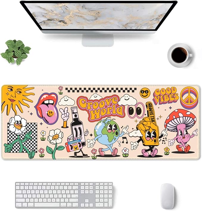 70s Vintage Earth Mushroom Mouse Pad – Large Desk Mat with Non-Slip Rubber Base, 31.5 X 11.8in Gaming Mousepad for Laptop Pc, Office Accessories and Desktop Decor