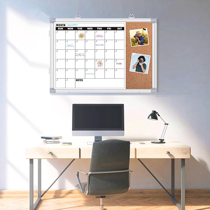 Calendar Whiteboard for Wall, 24" x 18" Double Sided Monthly Dry Erase Board Calendar for Office, Home, School, Hanging Cork Board White Board Combo, Portable Magnetic Dry Erase Planner Board