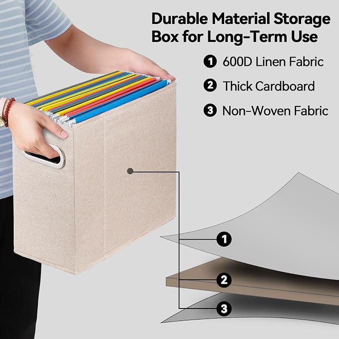 4 Packs Letter Size File Organizer, File Folders Organizer, Fabric Storage Box, Collapsible Paper Organizer with Metal Handle, Smooth PVC Rails, Only Box (Beige)