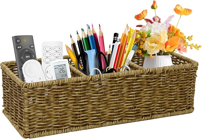 Remote Control Holder,Tv Remote Storage Basket,Handwoven Wicker Basket with 3 Compartments,Desk Caddy,Cosmetic & Night Stand Storage Box,Table Organizer for Office Supplies,Makeup Brush Holder