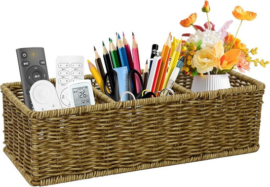 Remote Control Holder,Tv Remote Storage Basket,Handwoven Wicker Basket with 3 Compartments,Desk Caddy,Cosmetic & Night Stand Storage Box,Table Organizer for Office Supplies,Makeup Brush Holder