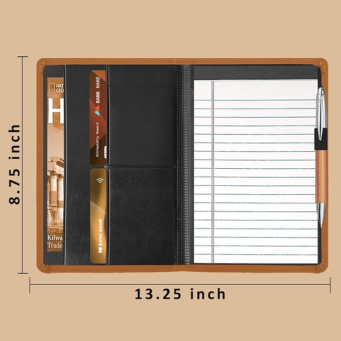 Padfolio Binder A5 Document Organizer with Refillable Lined Notepad, Junior Size Folder Portfolio for Men Women,Brown