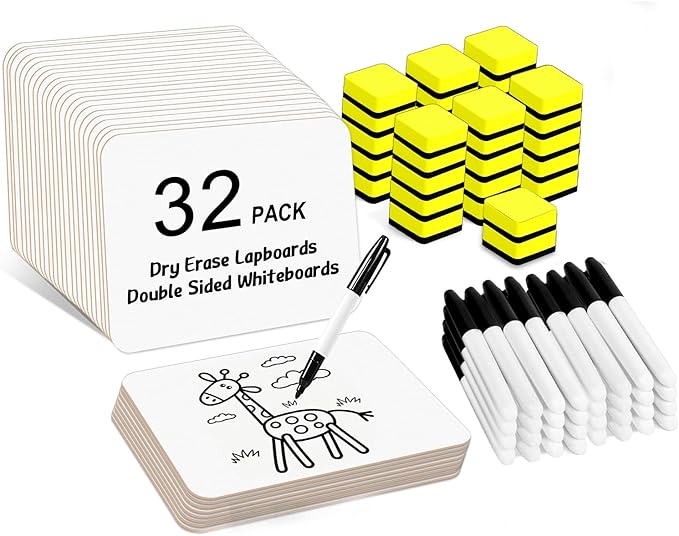 Dry Erase Lapboards, HERKKA 32 Pack Double Sided Dry Erase Lap Boards 9 x 12.5 Inch, 32 Markers, 32 Erasers, Small Dry Erase Boards for Students Classroom Teacher Supplies