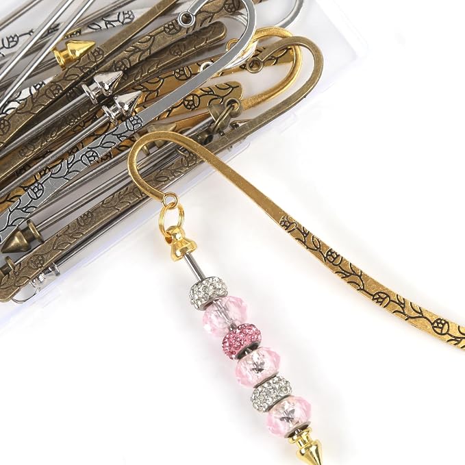24 Pcs Beadable Bookmarks Metal Hook Bookmark Hairpin Beadable Keychains Bars Beaded Keychain Making Kit for Book Lovers Office Supplies 3 Colors