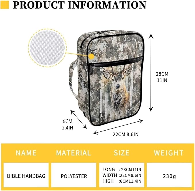 Suobstales Deer Hunting Camo Print Bible Covers for Women Men American Flag Design Lightweight Bible Bag Bible Accessories with Handle and Zippered Pocket Bible Tote Bag for Kids