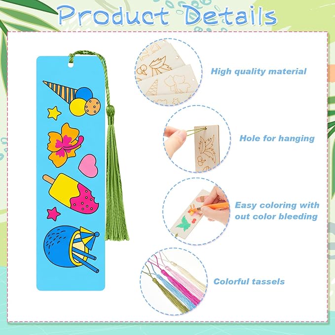 AmazingSpark 100 Pcs Ice Cream Wood Bookmarks Bulk DIY Crafts Kit, 50 Set Summer Blank Coloring Bookmarks with Tassel for Classroom Reward Gifts, End of Year Gifts, Summer Birthday Party Favor