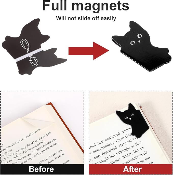 Black Cat Bookmarks, 7 Pcs Magnetic Cute Kawaii Page Markers Clip for Reading, Funny Cat Book Markers for Book Lovers Women, Cool Bookish Gifts for Teens Students Teachers, Reading Accessories