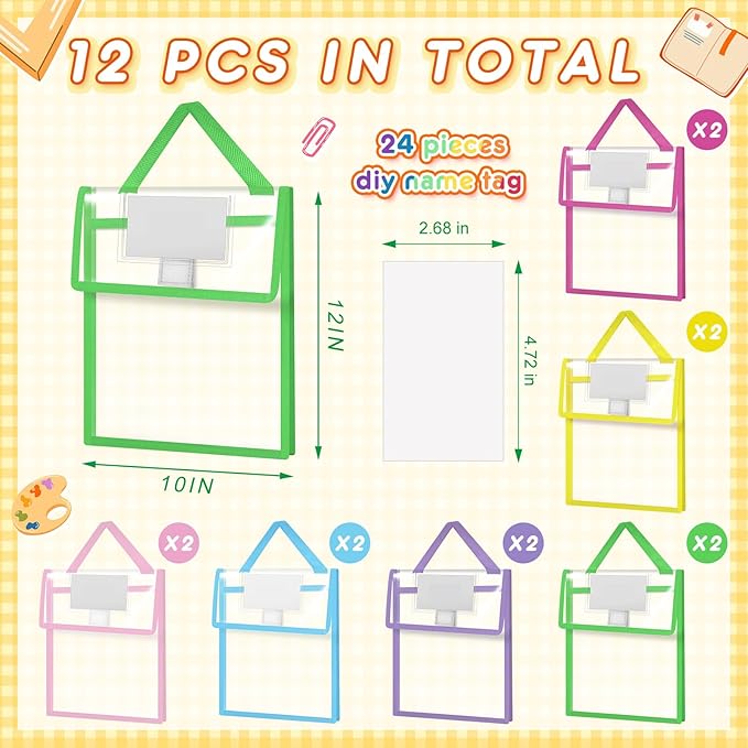 Teling 12 Pack Thick Clear Book Pouches with Blank Name Tags and Handles Book Baggies Bags Bins Organizer for School Classroom Library Pockets Students (10 x 12 Inch,Vivid Colors)