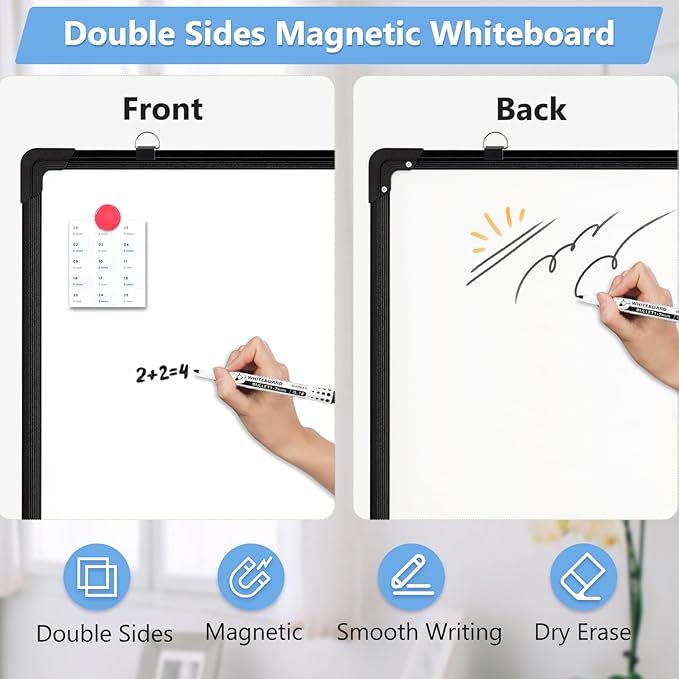 Double-Sided White Board, 16" x 12" Black Dry Erase Board Small Whiteboard for Wall Magnetic Hanging White Board Dry Erase for College Dorm Room, School, Home, Office