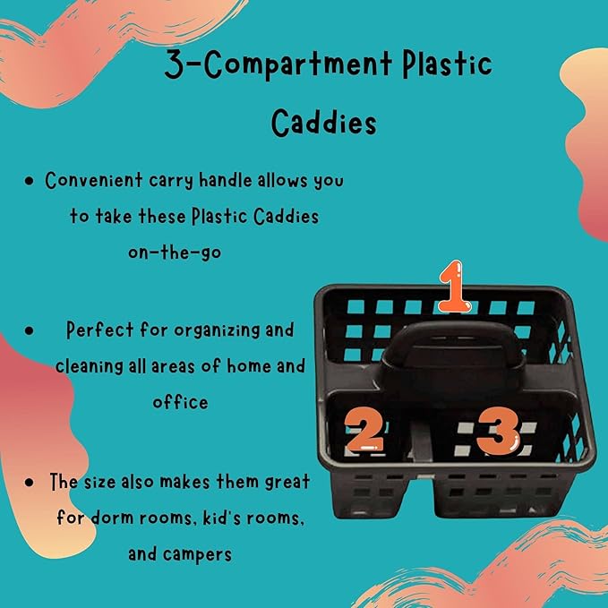 Divided 3-Compartment Plastic Caddies with Handle 10x8.75x7.5 in., Home Office Portable Multipurpose Utility Reusable Container Organizer Storage Holder Bucket Basket, Set of 2 (BLACK)
