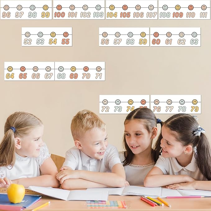 Whaline 32 Pcs Boho Number Line Bulletin Board Colorful Smile Face Number Line Boarder Strips Math Borders for Home Back to School Classroom Wall Decor