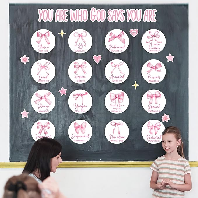 Christian Bulletin Board Decorations Inspirational Bulletin Board Set Pink Bow God Says You are Religious Classroom Wall Decor VBS Motivational Cutouts for Sunday School Home Church Supplies