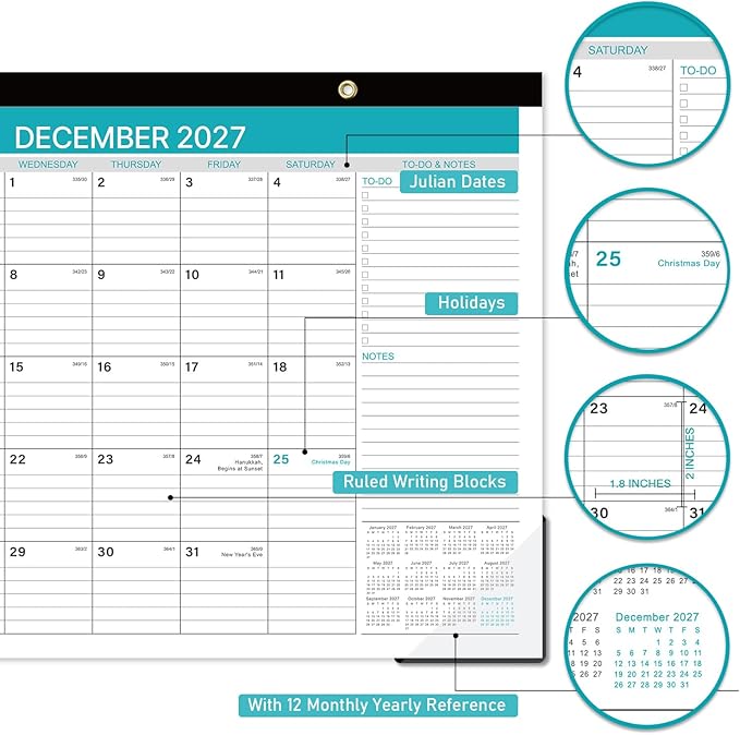 Desk Calendar 2026-2027 - Calendar 2026-2027 from July 2026 to December 2027, 12'' x 17'', 18 Monthly Desk Calendar with Ruled Blocks for Planning