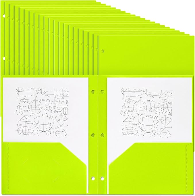 Yeaqee 100 Pcs Plastic Folders with Pockets Bulk 3 Hole Punched 2 Pocket File Folders for 3 Ring Binder Divider Folder for Notebooks, Durable Poly for Office Home (Fluorescent Green)