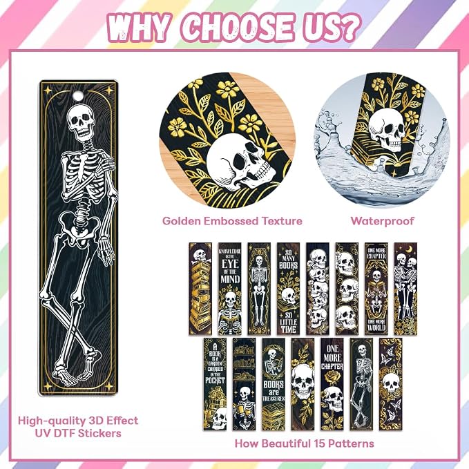 Peacoblue 30pcs UV DTF Bookmarks Transfer Stickers Wraps Skull and Gold for Women Men Reading, Waterproof Bookmarkers Decal(No Blank Bookmarks) for Acrylic Plastic Metal Blank Bookmark