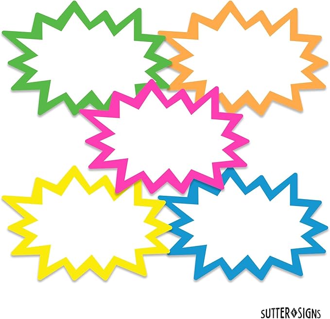 Starburst Signs with Stickers 100pcs | Price Tags for Yard, Estate, Garage Sale, Retail Store. 50pcs Cards & 50pcs Sticker Dots. 6x8 inch (Neon)