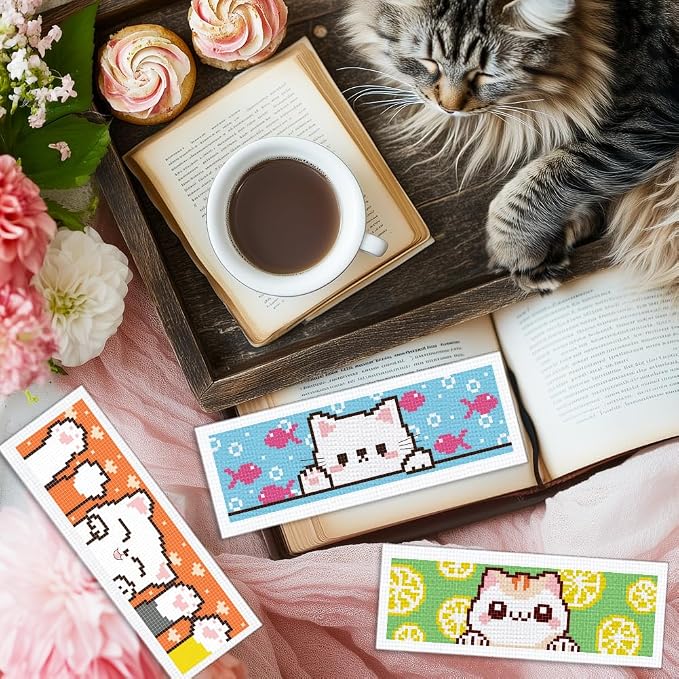 INFUNLY 6pcs Cartoon Cat DIY Cross Stitch Bookmark Kits for Beginner 8.66"×3.15" Cute Kitten Stamped Embroidery Kit with Instruction Pussycat Printed Bookmark Kits for Cat Lovers Book Readers Writers