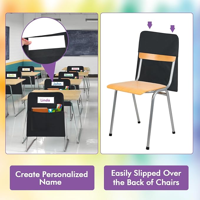 Black Chair Pockets for Classrooms, Seat Sacks for Classroom Chairs K-2 with Name Tag for Organizing Classroom Supplies Fits Students School Office College (12)