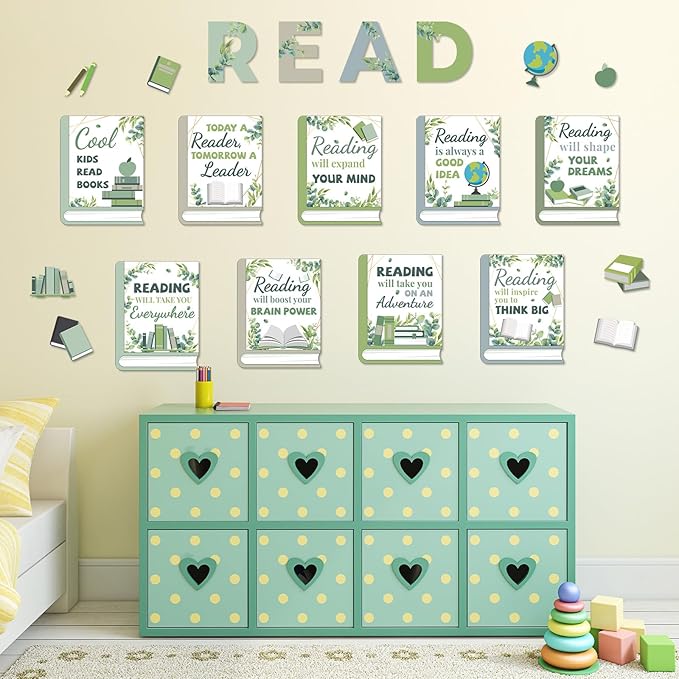 Qyeahkj Eucalyptus Reading Bulletin Board Poster for Classroom Boho Greenery Cutouts Motivational Bulletin Board Elementary Educational Prints Poster for Teachers Kindergarten Preschool Library