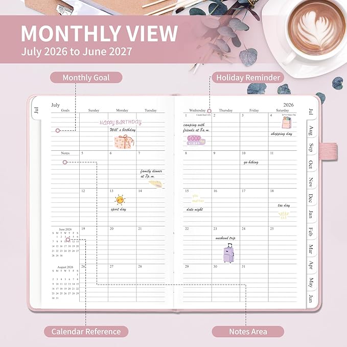 Planner 2026-2027, Weekly and Monthly Planner with Tabs from Jul 2026 - Jun 2027, A5 Hardcover Academic Calendar with Date for School & Office Schedule, 5.8" x 8.3", Pink