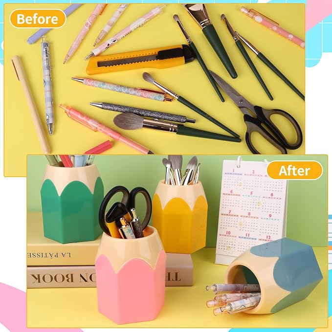 9 Pcs Pencil Shaped Pen Holders Pencil Storage Organizer Cute Plastic Pencil Holder for Desk Desktop Pen Cup Colorful Vase Pen Pot Makeup Brush Container Cartoon Stationery Rack for Office