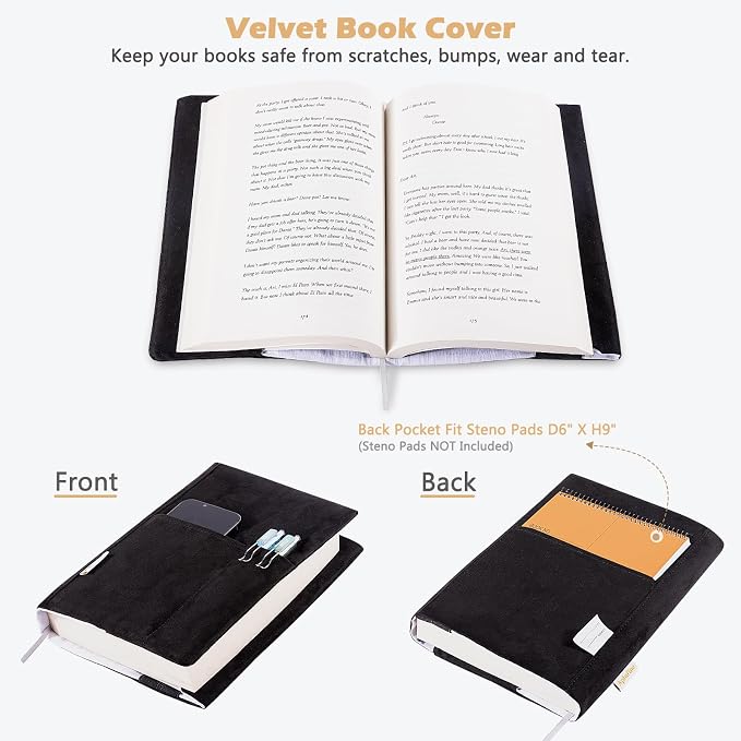 APLUFINE Velvet Book Cover for Paperbacks, Reusable Fabric Book Cover with Pockets, Adjustable Book Protector for Softcover Books, Journals & Bibles