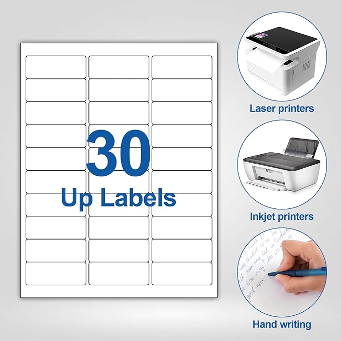 30 Up Labels 1" x 2-5/8" Shipping Address Labels for Laser/Inkjet Printers, 100 Sheets 3000 Pcs Self Adhesive 30 pet Sheet Return Address Mailing Label Stickers
