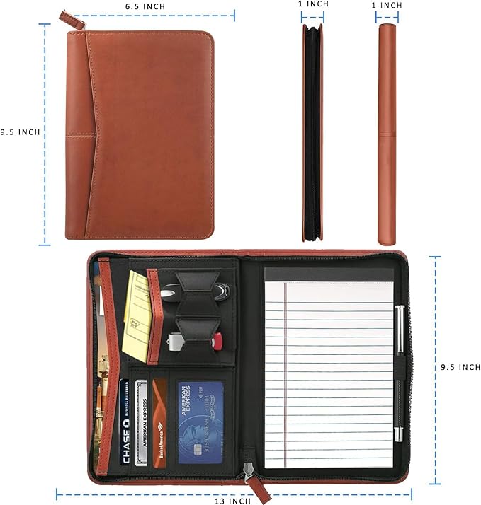 Junior Padfolio Portfolio with 5 x 8 Writing Pad, A5 Business Portfolio Binder Folder Organizer Multi-Function Combination Case for Men Women, Brown