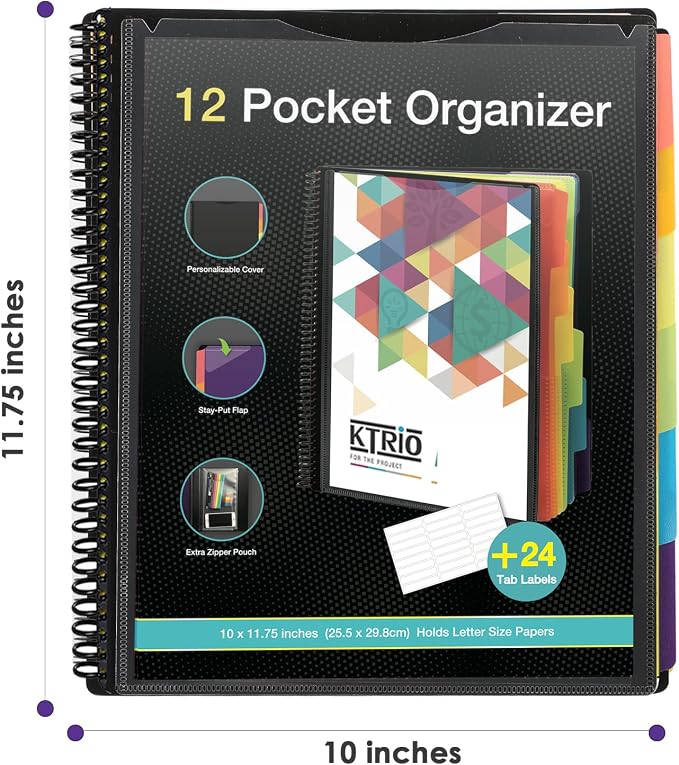 KTRIO 12 Pocket Project Organizer, Letter Size Spiral Binder,Black | 12 Pocket Storage,Letter Size Fit,Water-Resistant Poly,Zip Pouch Included,Writable Color Tabs