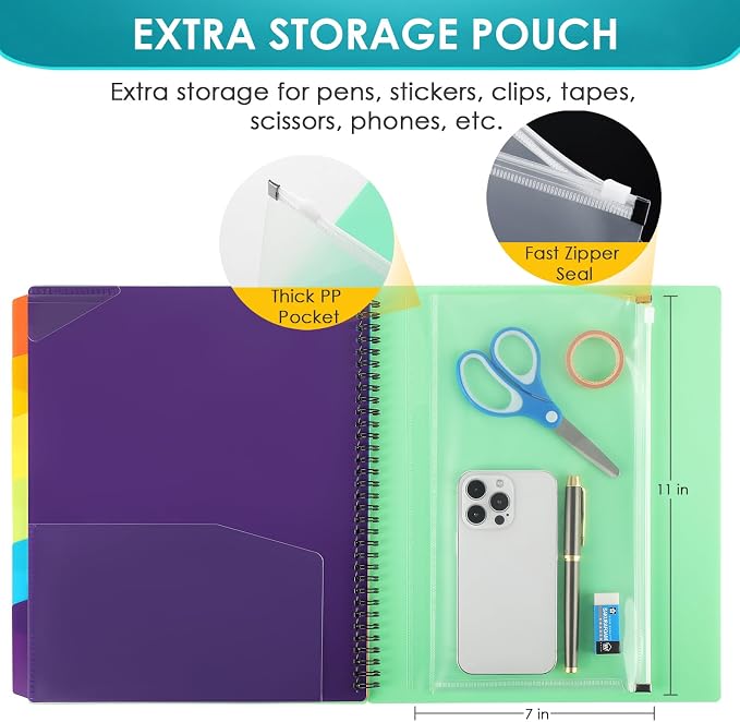 KTRIO 12 Pocket Project Organizer, Letter Size Spiral Binder,Green | 12 Pocket Storage,Letter Size Fit,Water-Resistant Poly,Zip Pouch Included,Writable Color Tabs