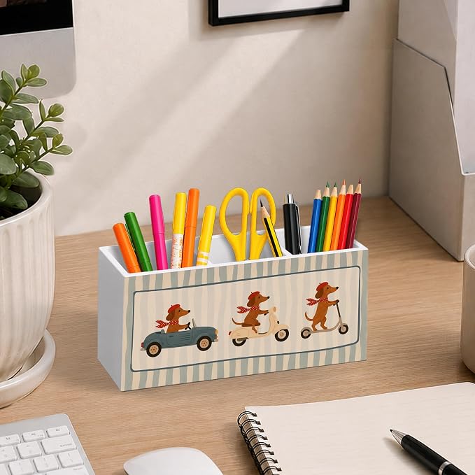 Funny Dachshund Pen Pencil Holder for Desk, Dachshund Doxie Gifts for Women, Weiner Dog Gifts, Funny Weiner Dog Car Wooden Pencil Holder Organizer Desk Accessories Decor for Home Office