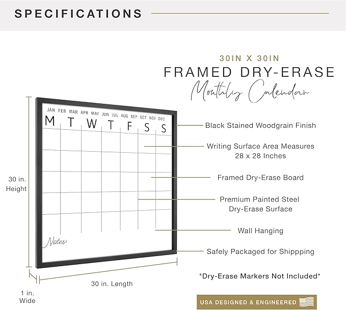 MCS Dry Erase Calander 30x30 Black Framed Monthly Calendar for The Wall, Stay Organized with Family Planner for Appointments, Sports, Events & More