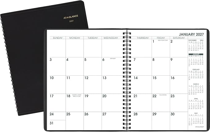 AT-A-GLANCE 2027 Planner, Monthly, 7" x 8.75", Large Print, Unruled Daily Blocks, Black (70LP090527)