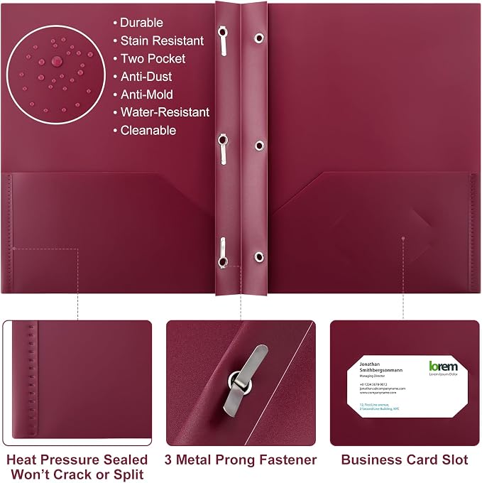 Cholemy 72 Packs Pocket Folders with Prongs Heavy Duty Plastic Folder with Business Card Slot 3 Prong Fasteners for School Office (Burgundy)