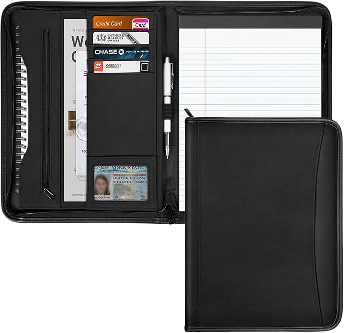 Zippered Portfolio Organizer/ A4 Refillable Lined Writing Notepad Folder Case/Textured UltraHyde-Covered Padfolio Binder with Interior Storage Pocket for Men Women.Textured UltraHyde Black