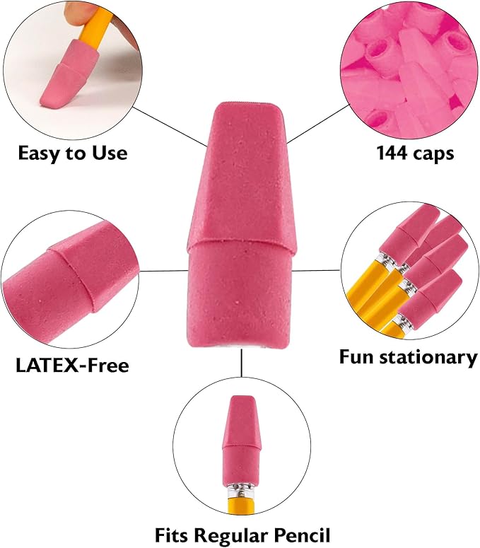 BAZIC Products Pink Eraser Top, Latex-Free Pencil Top Erasers with Arrowhead Caps, Non-Toxic Erasers for Kids, Students, Teachers, Classroom, Art, Homework & School Supplies, 144/Pack, 24-Pack