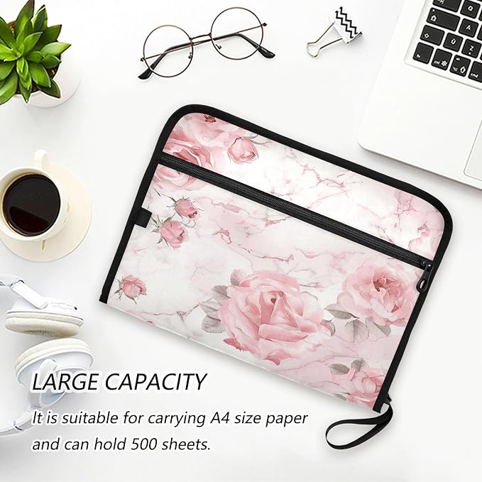 ALAZA Roses Pink White Marble Expanding Filing Folder, 13 Pockets Expandable Document Organizer Folder with Zipper Closure for Home Office A4 Letter Size Paper Document