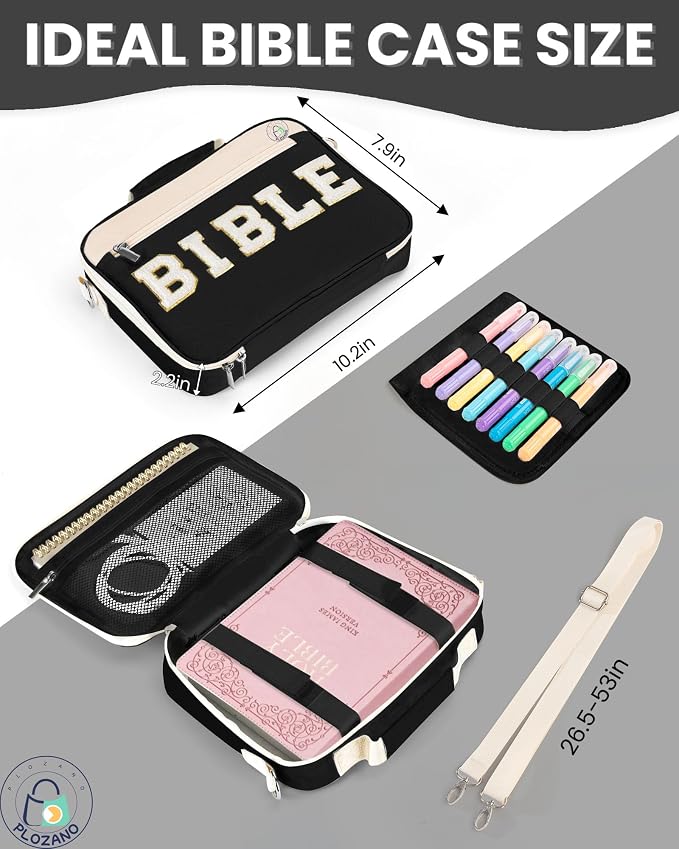 PLOZANO Bible Cover Case for Women, Large Chenille Letter Bible Bag with Shoulder Strap,Black Bible Carrying Tote Bags for Bible Study Accessories, Gift for Women Lady Teen Grils (Black)