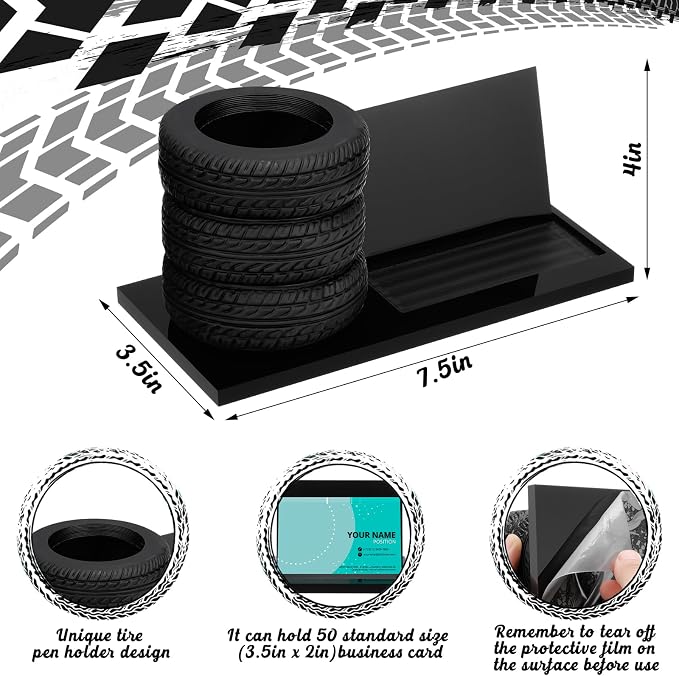Sherr Tire Shaped Pen Holder Business Card Tire Shape Arylic Stationery Set Automotive Business Card and Car Salesman Pen Holder Office Desk Organizer for Men Cool Mechanics Gifts Car Lover(Black)