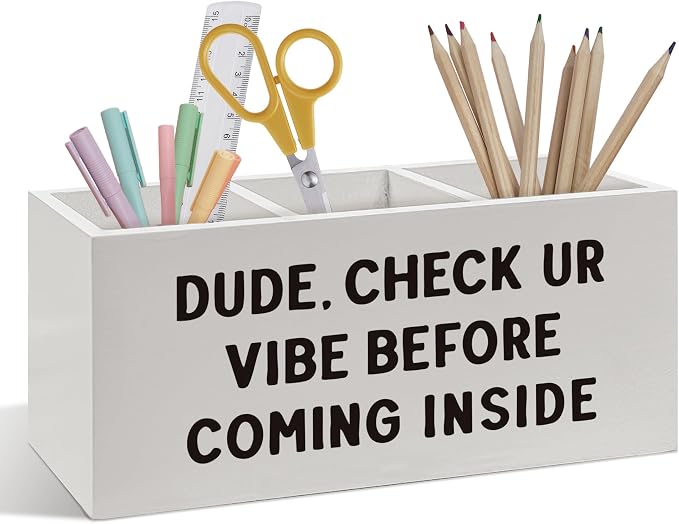 Funny Classroom Pen Pencil Holder, Funny Classroom Desk Accessories, Check Ur Vibe Kids Wooden Pen Pencil Organizer for Classroom Office Kids Room Bedroom Desk Decor
