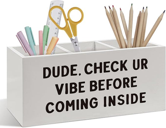 Funny Classroom Pen Pencil Holder, Funny Classroom Desk Accessories, Check Ur Vibe Kids Wooden Pen Pencil Organizer for Classroom Office Kids Room Bedroom Desk Decor