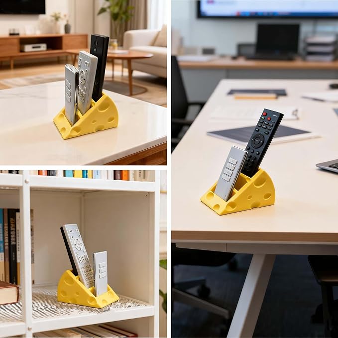 Cheese-Shaped 3D Printed Remote Control Holder with 3 Compartments - Ideal for Home and Office Organization