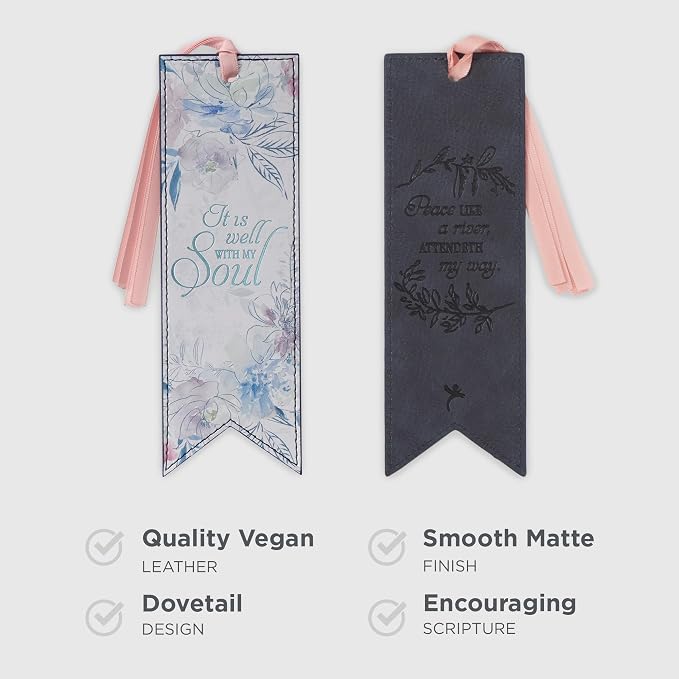 Christian Art Gifts Premium Vegan Faux Leather Scripture Bookmark for Women: It is Well with My Soul Hymn - Inspirational Heat-Debossed Faith-Based Reading Book Accessory w/Ribbon Tassel, Floral Pink