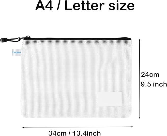 10 Pack Letter Size Mesh Zipper Pouches with Side Label Pocket, Semi‑Clear Organizer Bags for Documents, School Supplies, Travel and Home Organization – 13.4×9.5 Inch