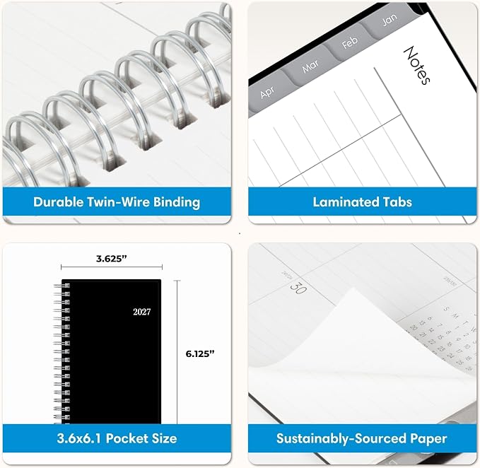 Blue Sky 2027 15-Month Weekly and Monthly Mini Planner Calendar, Includes October 2026 - December 2027, 3.625" x 6.125", Flexible Cover, Wirebound, Laminated Tabs, Enterprise