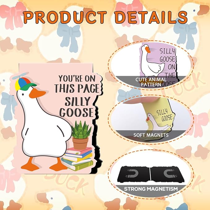 Goose Magnetic Bookmark Gifts - 8Pcs Silly Bookmarks Goose Magnetic Funny Meme Book Mark Magnets Cartoon Animal Page Marker Clip Gift for Book Lovers Students Teacher School Reading Book Marks