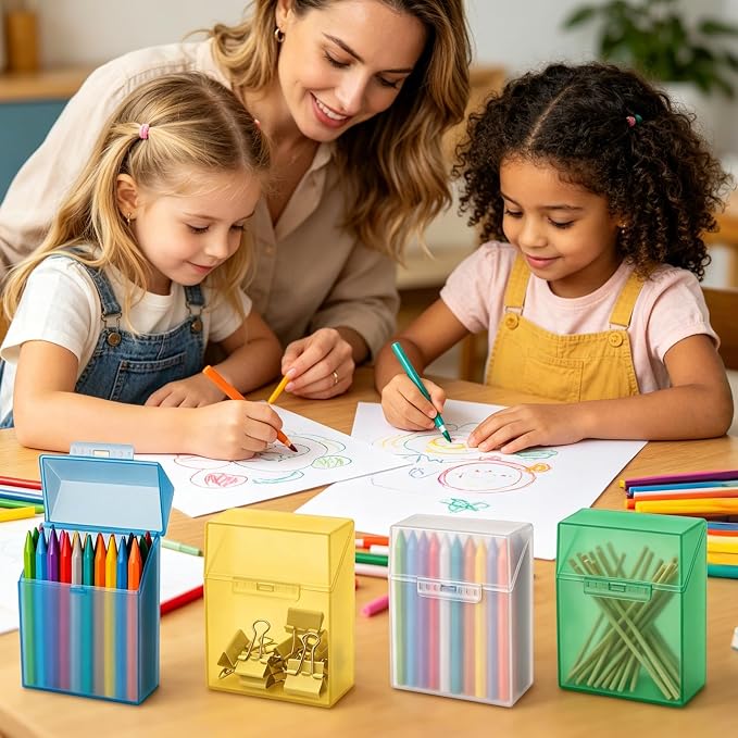 5 Pieces Plastic Crayon Box Clear Crayon Holder Case 24 Crayons with Hinged Lid and Snap Closure for School Classroom Office Art Craft Supply (5 PCS, Multicolored)
