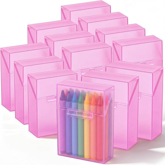 Clabby 12 Pcs Plastic Crayon Organizer Case for 24 Count Crayons Kids Art Supply Storage Box with Lid, Portable Holder for Classroom Home Travel, Fits Standard 24-Pack Crayon (Pink)