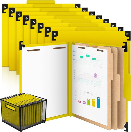 Henoyso 15 Pcs Hanging Classification File Folders, Letter Size Yellow Folders with 3 Pressboard Dividers, 8 Fasteners, 4 Inch Expansion, 1/3-cut Top Tab for Medical Records and File Cabinet Organizer